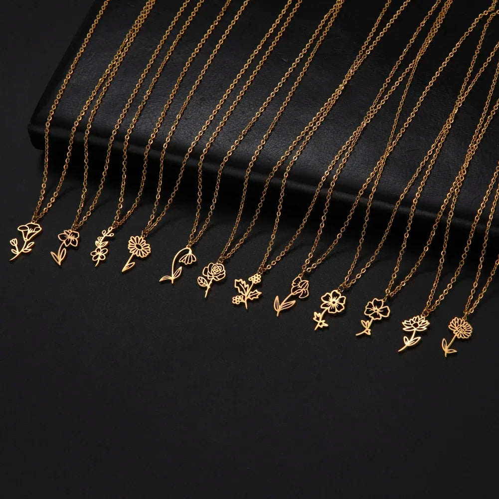 Stainless Steel Birth Month Flower Necklace Snowdrop Daisy Rose Pendant Neck Chains 2026 Trendy Jewelry Birthday Gift