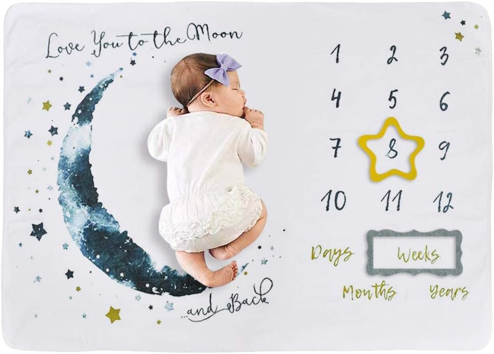 Baby Milestone Mat Blanket Photo Prop with Floral Numbers Newborn Boy Girl Gift(Star&Moon)