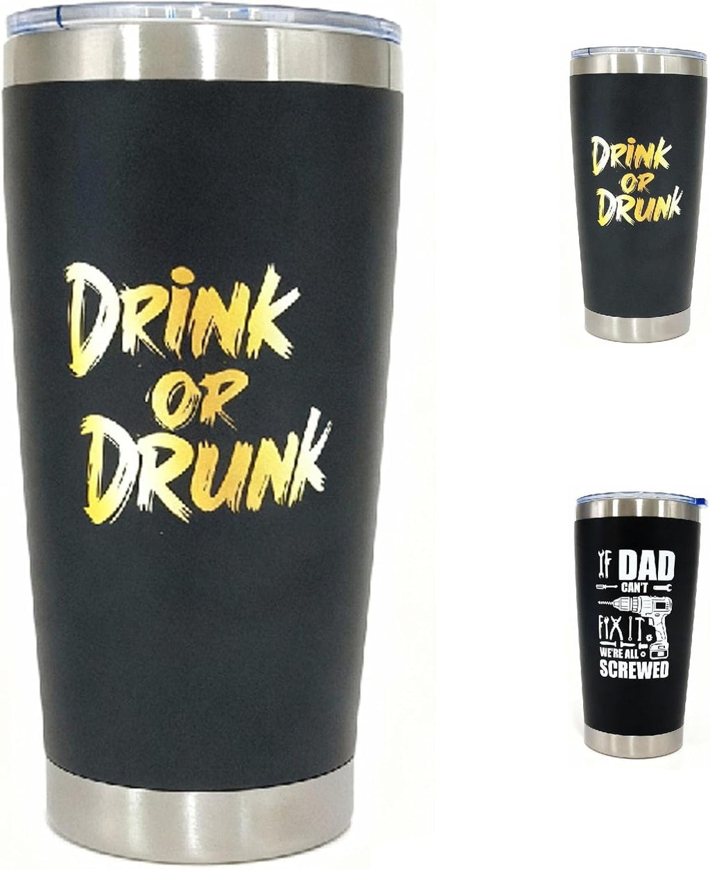 Birthday Gift for Dad Stainless Steel Travel Mug with Magnetic Slider Lid for Father, Funny Coffee Cup“Drink or Drunk” 20OZ Matte Black Tumbler Double Wall Vacuum, Leak Proof Coffee Mug for Men