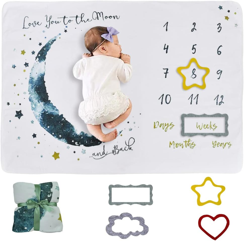 Baby Milestone Mat Blanket Photo Prop with Floral Numbers Newborn Boy Girl Gift(Star&Moon)