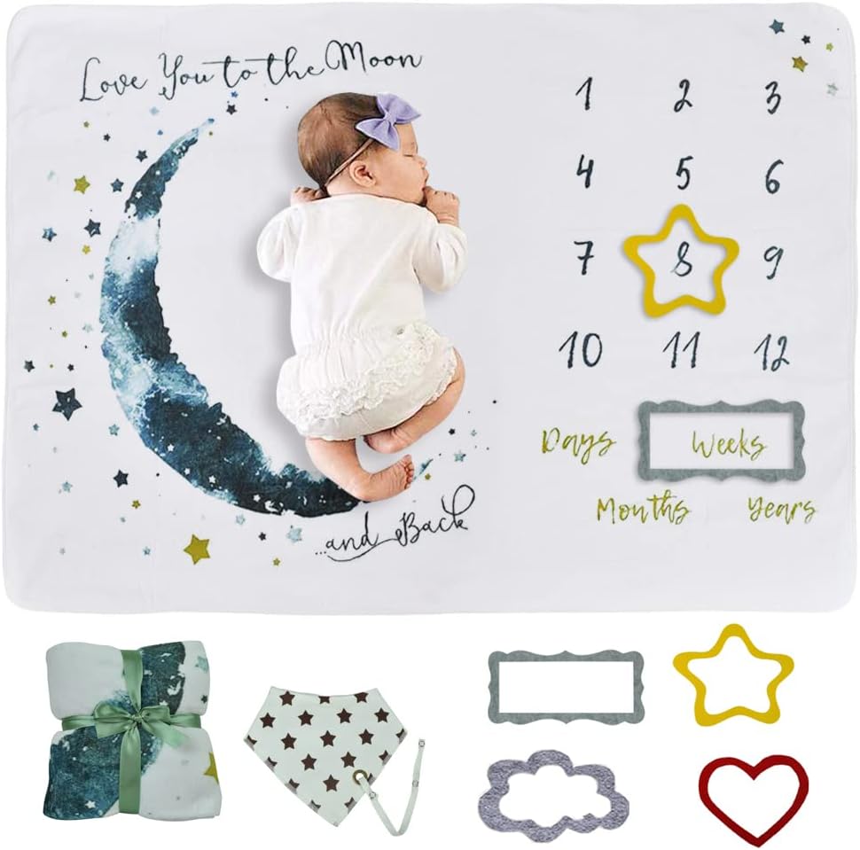 Baby Milestone Mat Blanket Photo Prop with Floral Numbers Newborn Boy Girl Gift(Star&Moon)