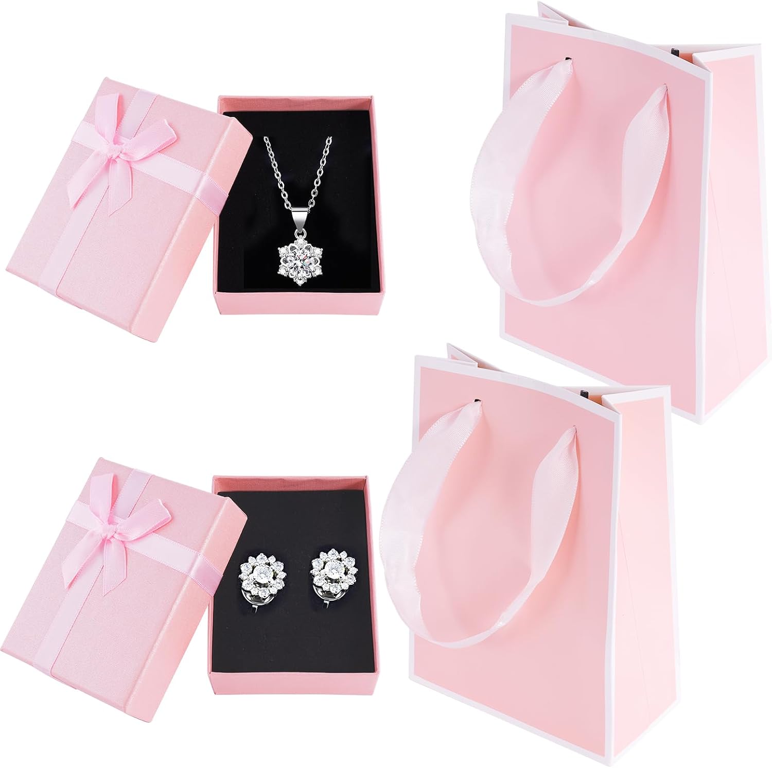 2Pcs Small Jewelry Boxes with 2 Gift Bag, 9X7X3Cm Mini Gift Box with Bow for Earring Necklace Fixing，Jewelry Container Soft Velvet Small Box with Lid for Birthday, Wedding, Present (Pink)
