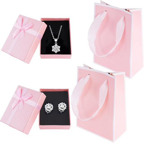 2Pcs Small Jewelry Boxes with 2 Gift Bag, 9X7X3Cm Mini Gift Box with Bow for Earring Necklace Fixing，Jewelry Container Soft Velvet Small Box with Lid for Birthday, Wedding, Present (Pink)