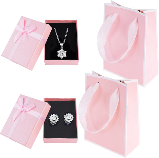 2Pcs Small Jewelry Boxes with 2 Gift Bag, 9X7X3Cm Mini Gift Box with Bow for Earring Necklace Fixing，Jewelry Container Soft Velvet Small Box with Lid for Birthday, Wedding, Present (Pink)