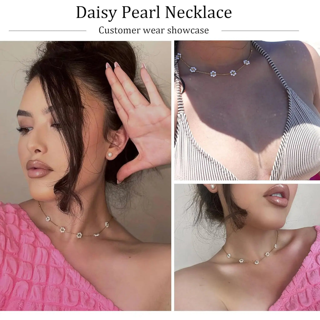 Women Dainty Daisy Pearl Choker Necklace Flower Necklaces Gift 14K Gold Plated Stainless Steel Necklace Birthday Gift for Her