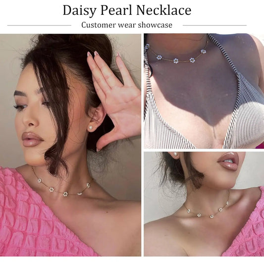 Women Dainty Daisy Pearl Choker Necklace Flower Necklaces Gift 14K Gold Plated Stainless Steel Necklace Birthday Gift for Her