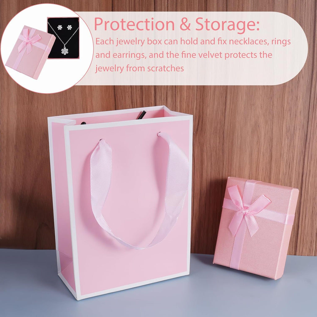 2Pcs Small Jewelry Boxes with 2 Gift Bag, 9X7X3Cm Mini Gift Box with Bow for Earring Necklace Fixing，Jewelry Container Soft Velvet Small Box with Lid for Birthday, Wedding, Present (Pink)