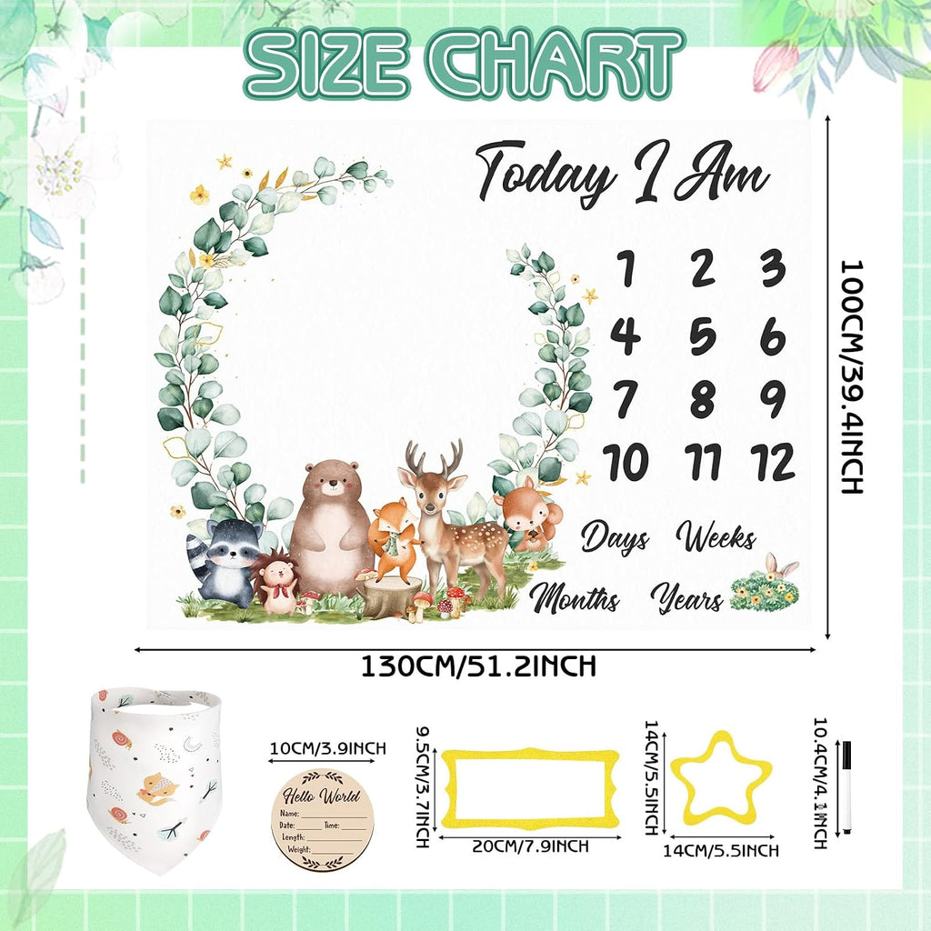 Baby Milestone Blanket for Baby Boy, Safari Animals Baby Growth Blanket Newborn Photography Background with Wooden Signs, Frames, Bandana