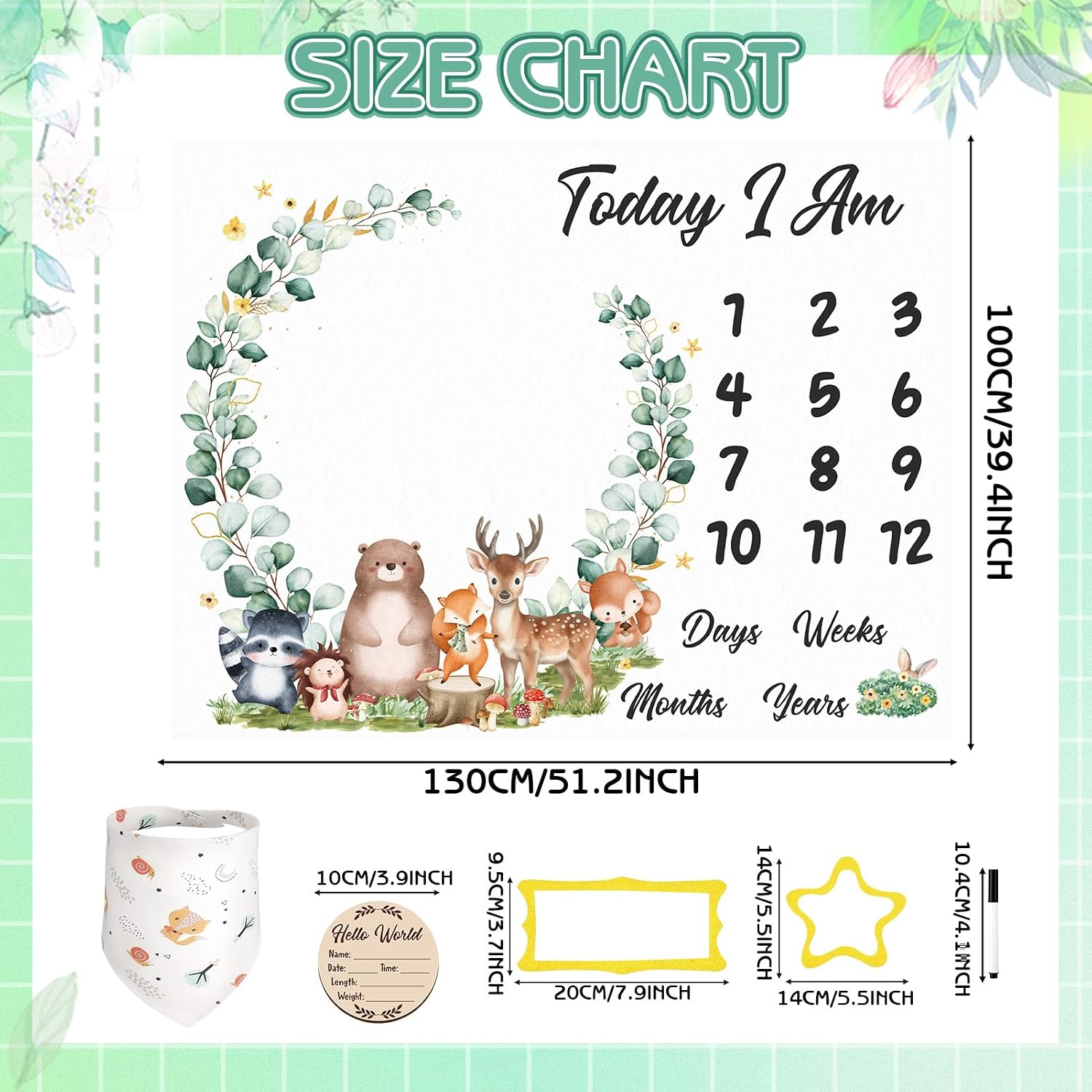 Baby Milestone Blanket for Baby Boy, Safari Animals Baby Growth Blanket Newborn Photography Background with Wooden Signs, Frames, Bandana