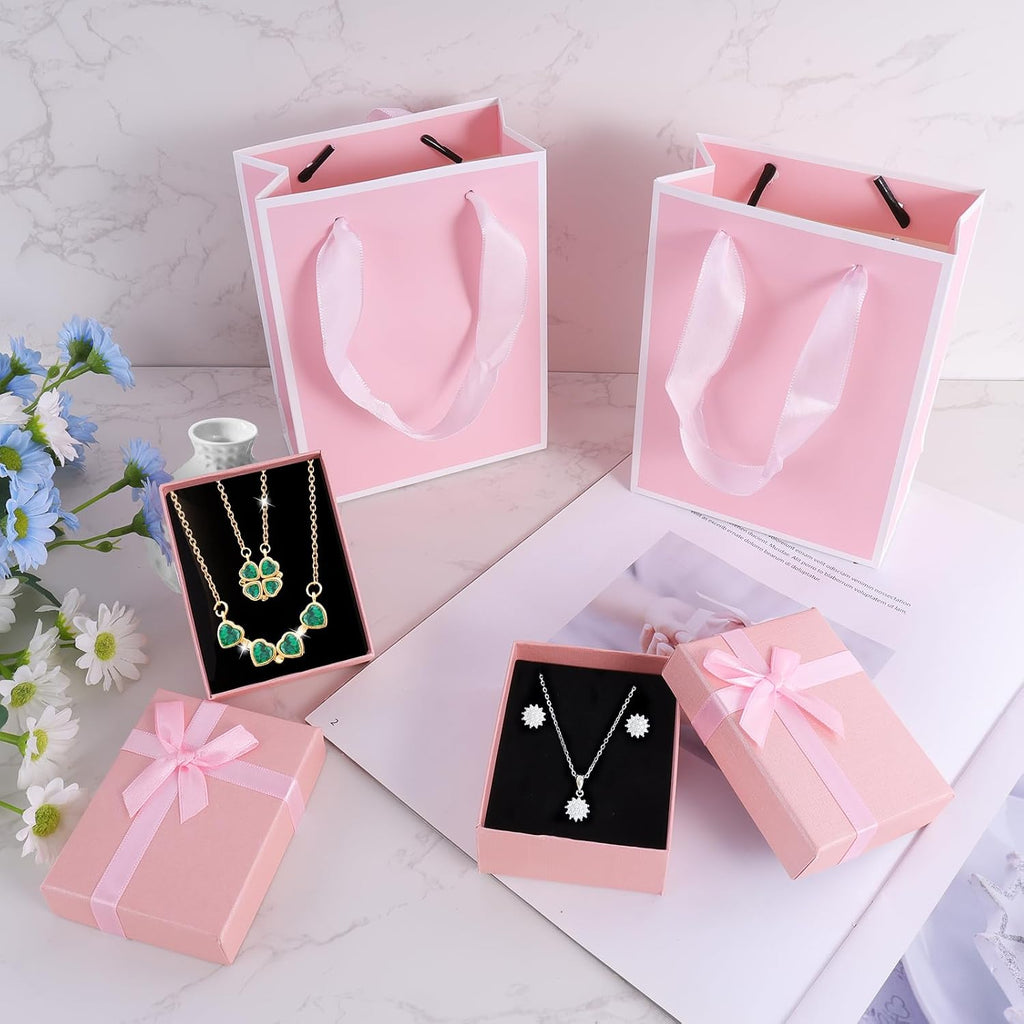 2Pcs Small Jewelry Boxes with 2 Gift Bag, 9X7X3Cm Mini Gift Box with Bow for Earring Necklace Fixing，Jewelry Container Soft Velvet Small Box with Lid for Birthday, Wedding, Present (Pink)