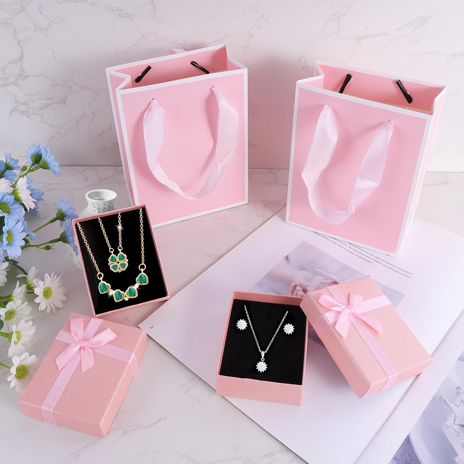 2Pcs Small Jewelry Boxes with 2 Gift Bag, 9X7X3Cm Mini Gift Box with Bow for Earring Necklace Fixing，Jewelry Container Soft Velvet Small Box with Lid for Birthday, Wedding, Present (Pink)