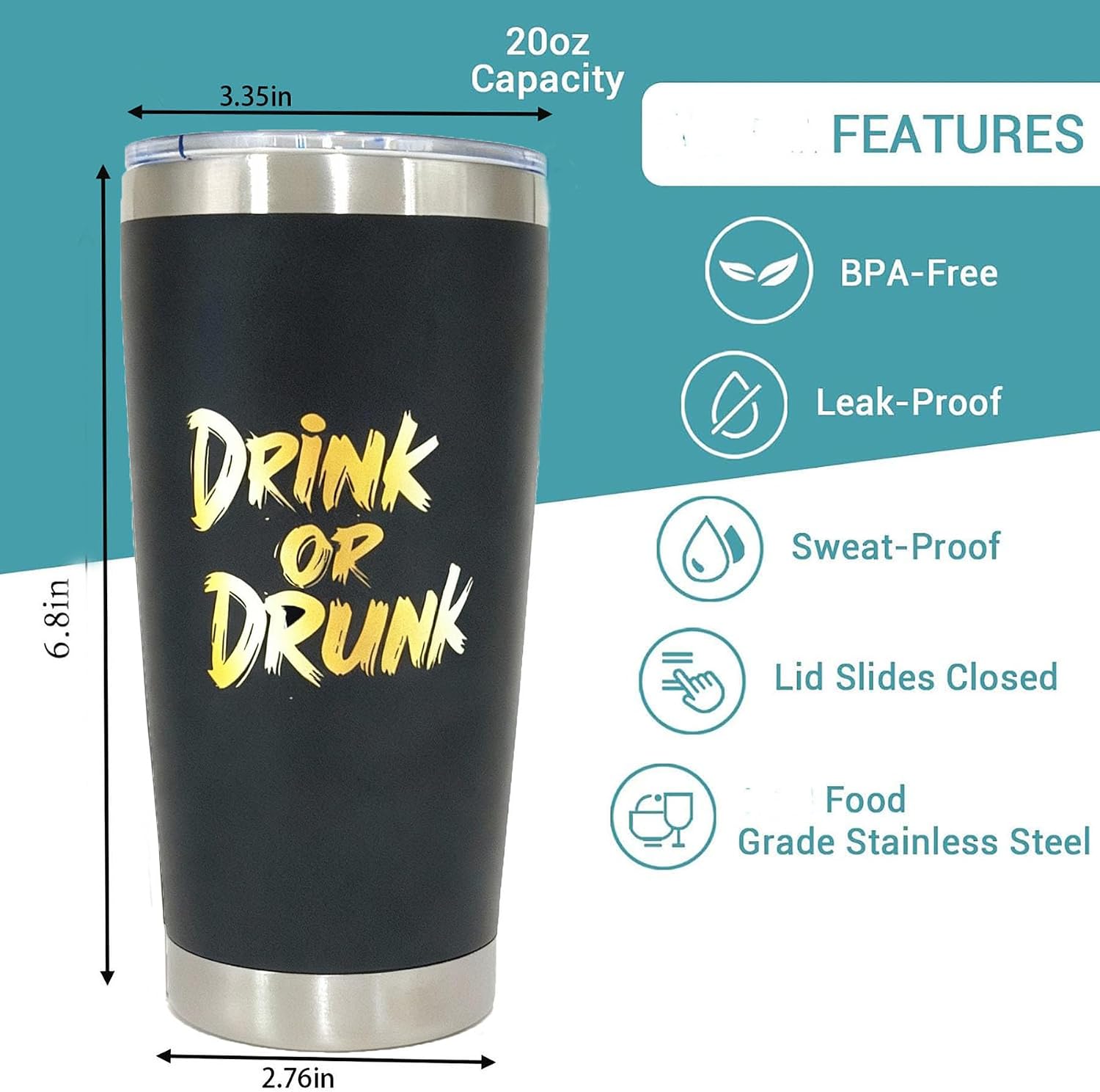 Birthday Gift for Dad Stainless Steel Travel Mug with Magnetic Slider Lid for Father, Funny Coffee Cup“Drink or Drunk” 20OZ Matte Black Tumbler Double Wall Vacuum, Leak Proof Coffee Mug for Men