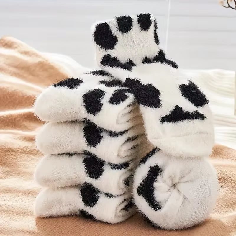 2 Pairs Cute Cow Spots Print Socks, Thickened & Warm Coral Fleece Socks, Women'S Stockings & Hosiery