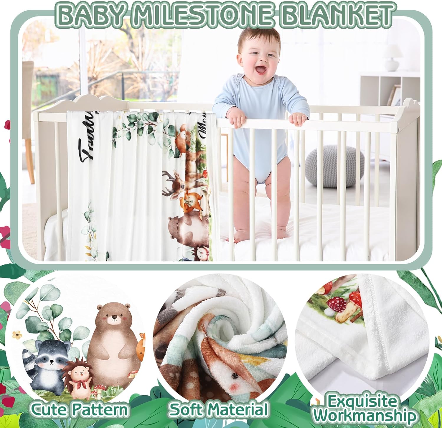 Baby Milestone Blanket for Baby Boy, Safari Animals Baby Growth Blanket Newborn Photography Background with Wooden Signs, Frames, Bandana