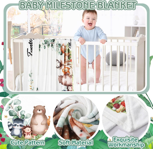 Baby Milestone Blanket for Baby Boy, Safari Animals Baby Growth Blanket Newborn Photography Background with Wooden Signs, Frames, Bandana