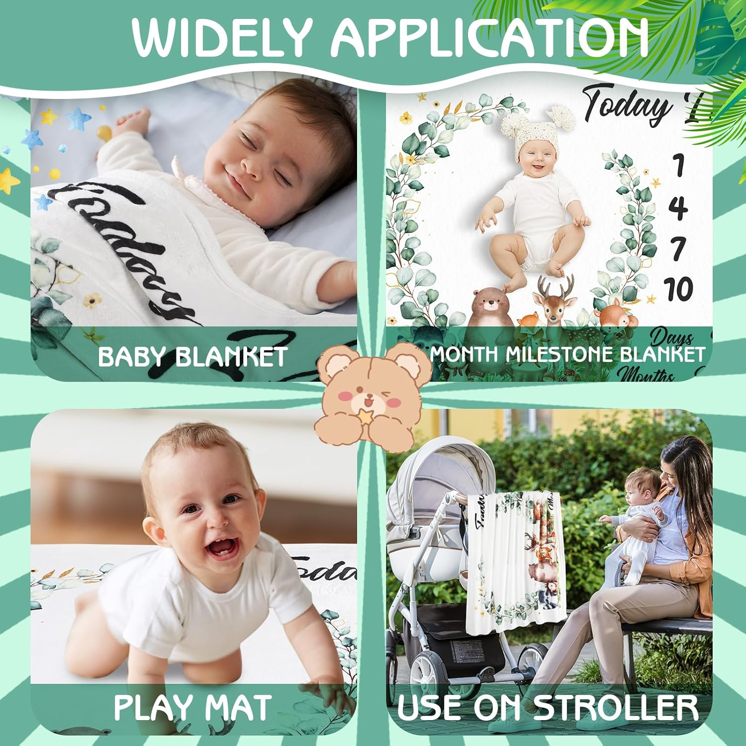 Baby Milestone Blanket for Baby Boy, Safari Animals Baby Growth Blanket Newborn Photography Background with Wooden Signs, Frames, Bandana
