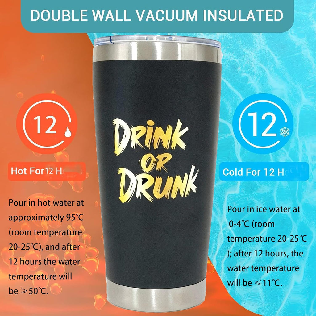 Birthday Gift for Dad Stainless Steel Travel Mug with Magnetic Slider Lid for Father, Funny Coffee Cup“Drink or Drunk” 20OZ Matte Black Tumbler Double Wall Vacuum, Leak Proof Coffee Mug for Men