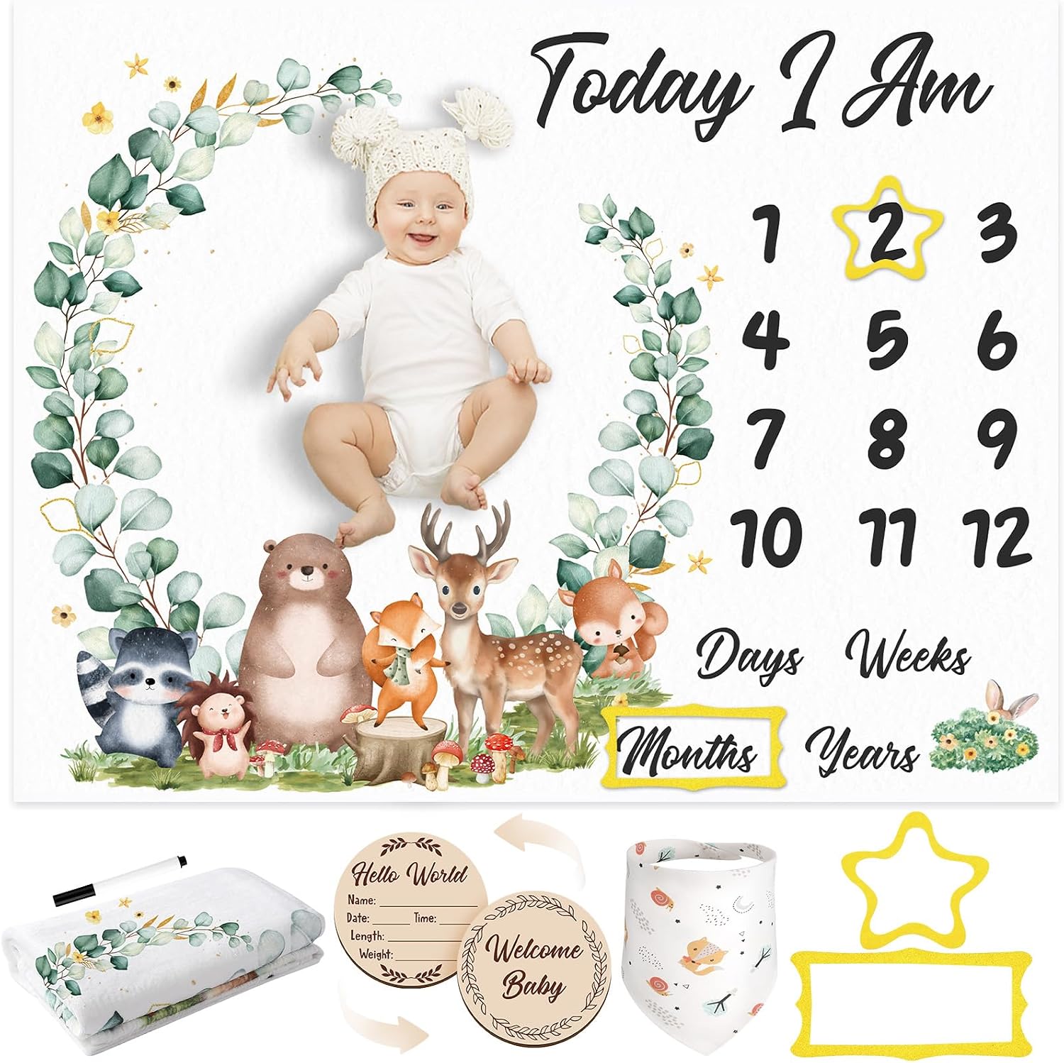 Baby Milestone Blanket for Baby Boy, Safari Animals Baby Growth Blanket Newborn Photography Background with Wooden Signs, Frames, Bandana