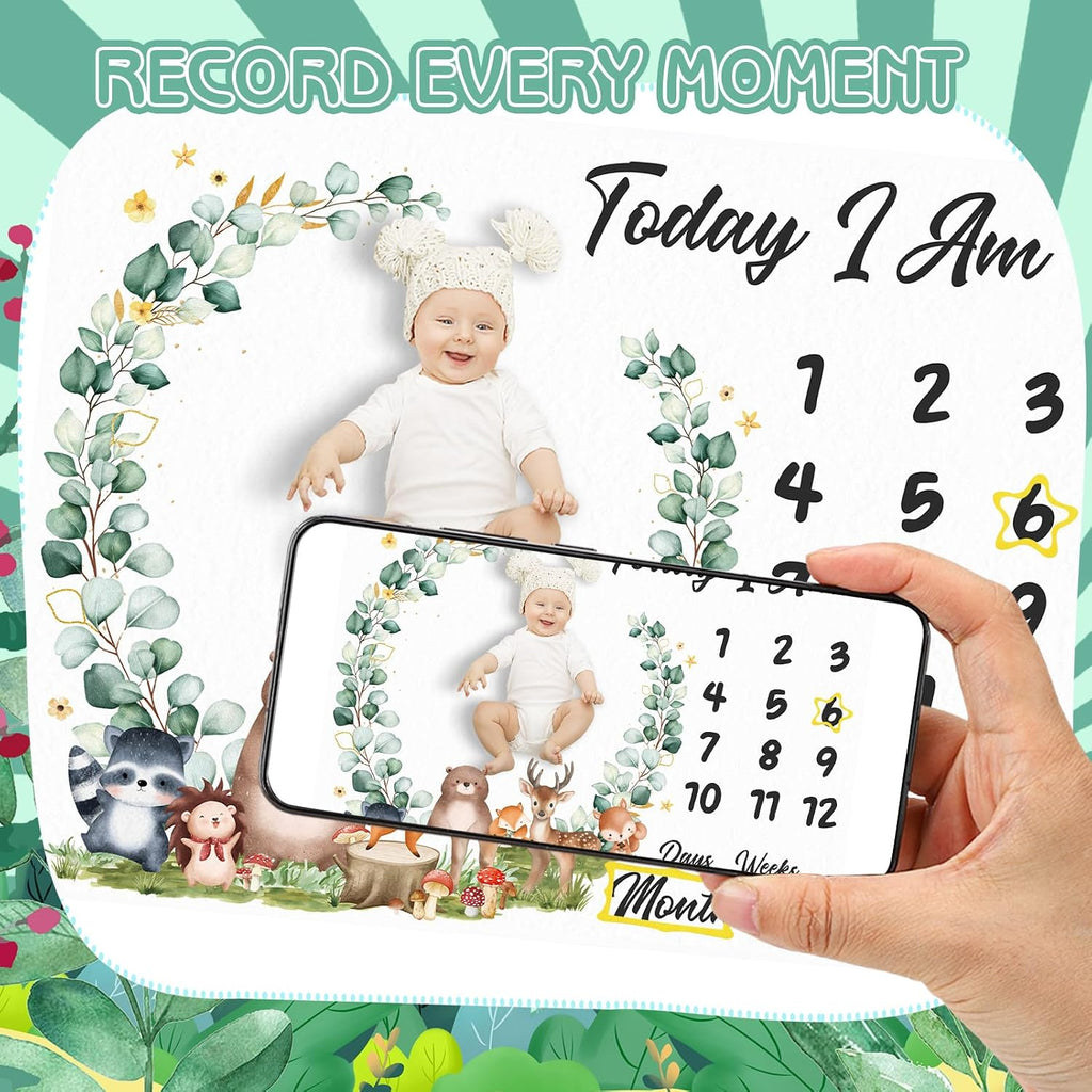 Baby Milestone Blanket for Baby Boy, Safari Animals Baby Growth Blanket Newborn Photography Background with Wooden Signs, Frames, Bandana