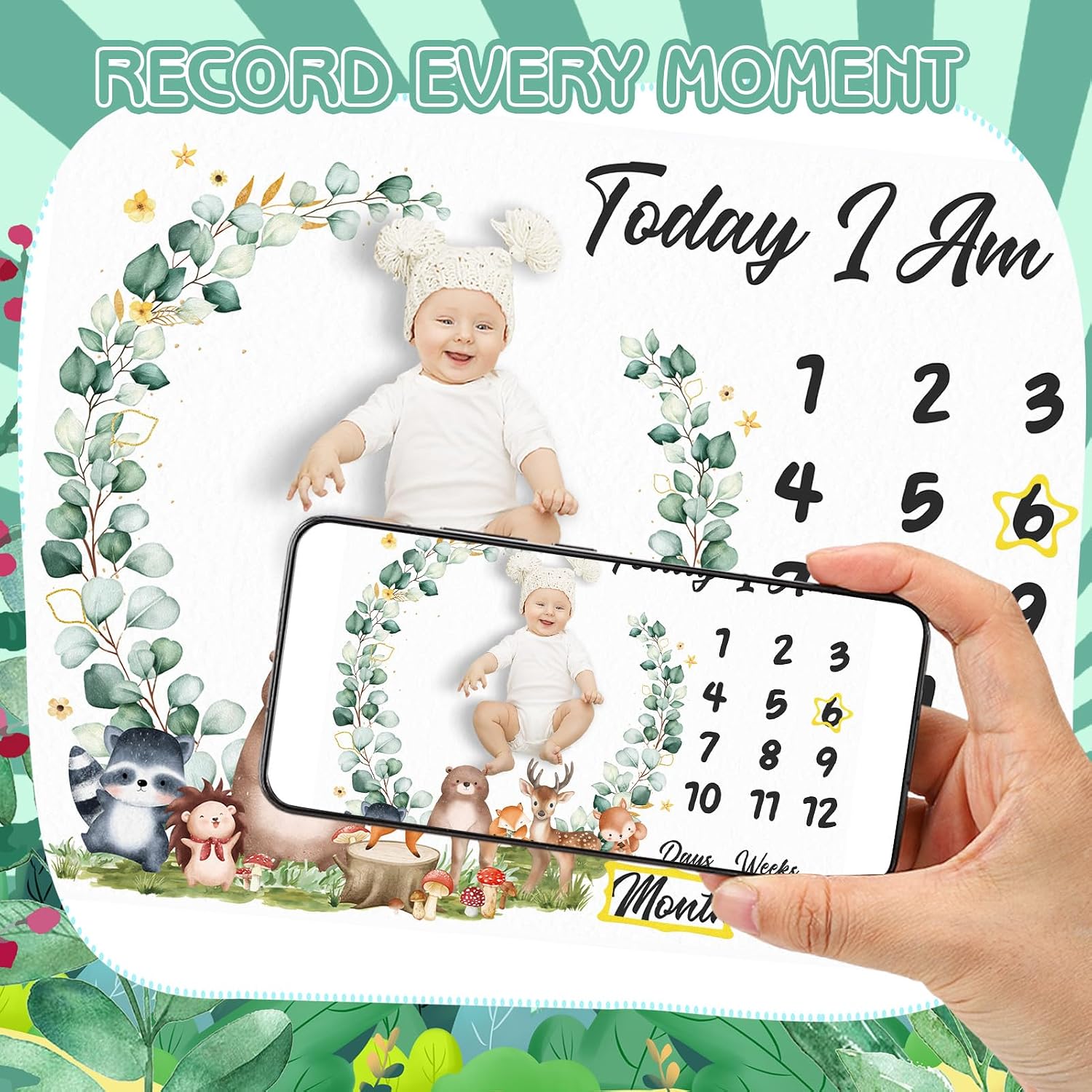 Baby Milestone Blanket for Baby Boy, Safari Animals Baby Growth Blanket Newborn Photography Background with Wooden Signs, Frames, Bandana