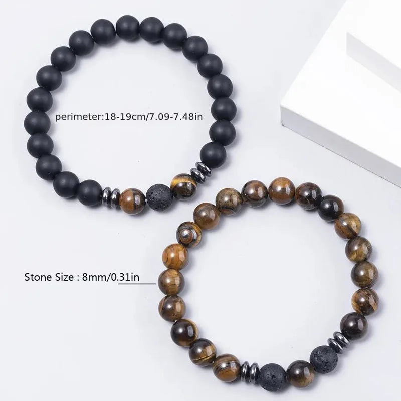 2Pcs Man Bracelet Energy Stone 8Mm Tiger Eye Beaded Lovers Couple Bracelet Set Men'S Agate Stretch Bracelet Gift for Women