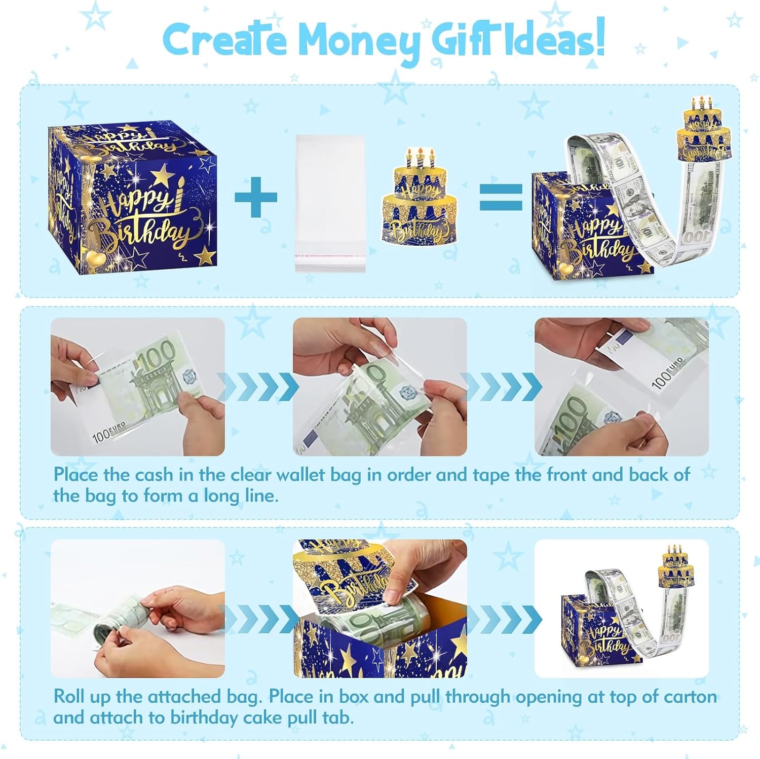 Surprise Birthday Money Gift Box Cash Gift Pull, Money Gift Box Money Gift Ideas Novelty Surprise Box for Friends, Family (Blue)