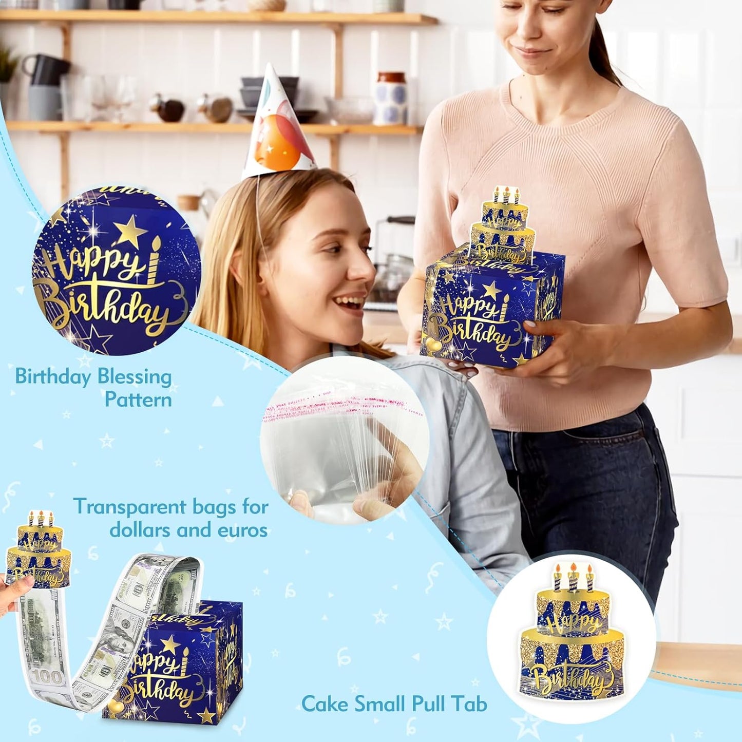 Surprise Birthday Money Gift Box Cash Gift Pull, Money Gift Box Money Gift Ideas Novelty Surprise Box for Friends, Family (Blue)