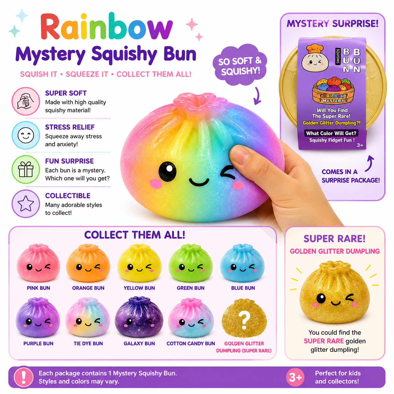 Rainbow 1 PC Mystery Squishy Bun Soft Kawaii Stress Relief Fidget Toy