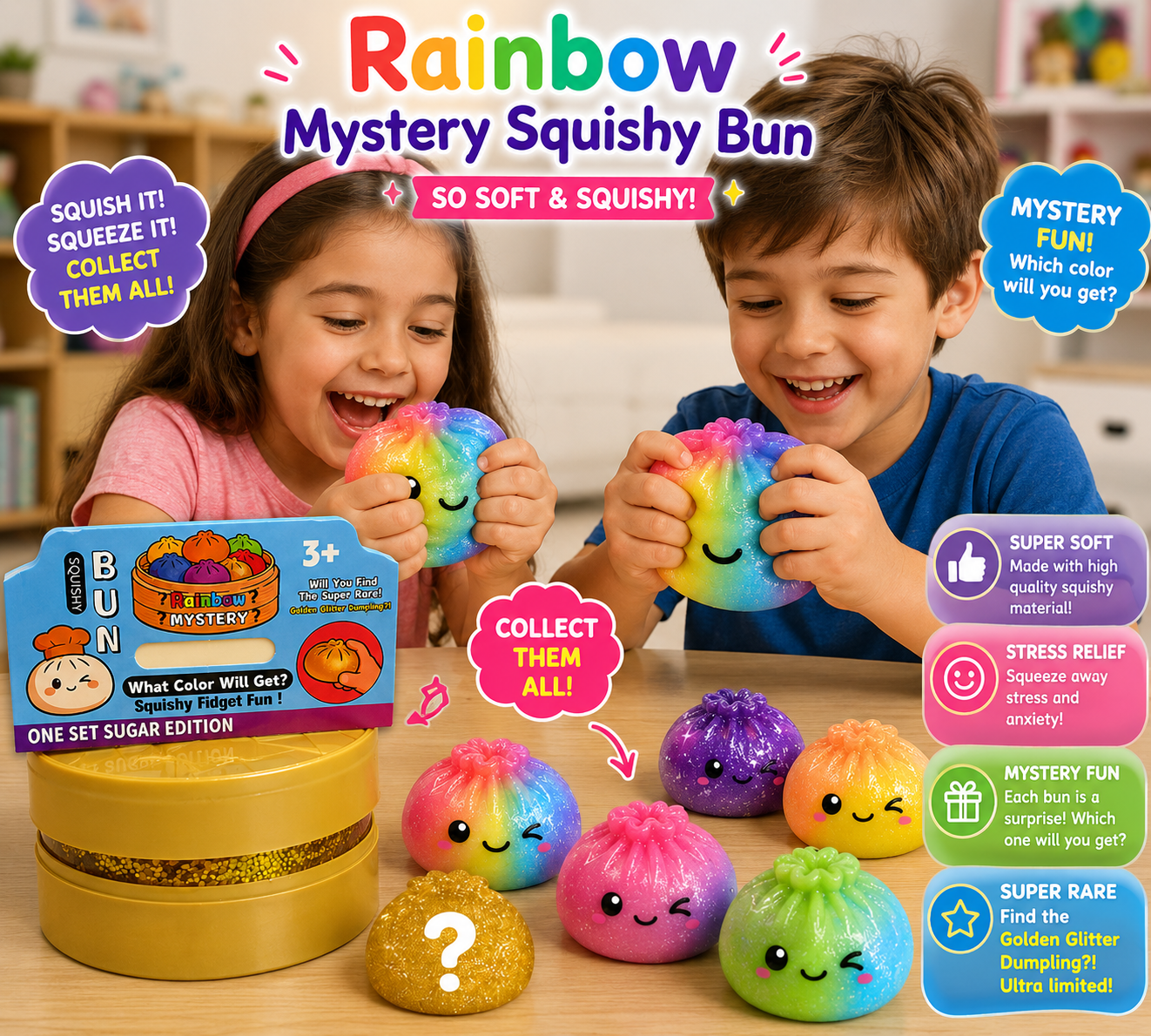 Rainbow 1 PC Mystery Squishy Bun Soft Kawaii Stress Relief Fidget Toy